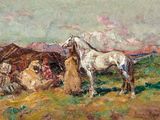 painting of a white horse standing in a field next to a group of people
