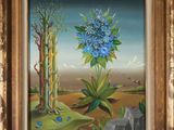 an oil painting of a plant with blue flowers in a gold frame