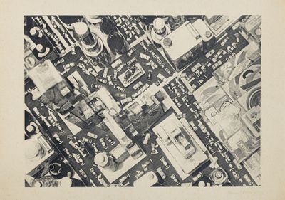 a black and white photo of a city with lots of buildings
