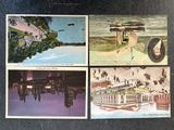 several old postcards of different types of buildings on a black surface
