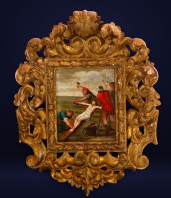 La Crucifixion, XVIIe siècle, Flamand, avec cadre en forme d…