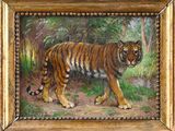 une peinture à l'huile représentant un tigre marchant dans une zone boisée