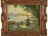 un tableau représentant une femme assise sur une plage à côté d'un bateau