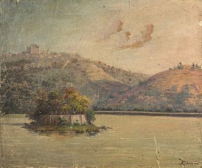 tableau représentant un lac avec une petite île au milieu de l'eau