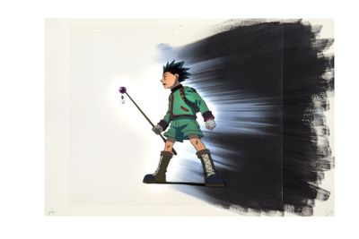 painting of a young boy in a green outfit holding a stick and a flower