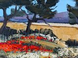 a painting of a field of red flowers and trees