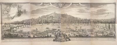 a drawing of a view of a city with a mountain in the background
