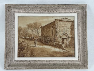 an old picture of a man walking down a dirt road in front of a building