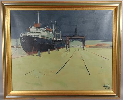 une peinture à l'huile représentant un bateau sur une plage, près d'un quai