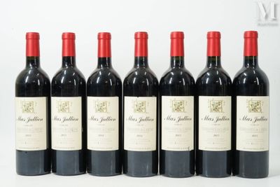 six bouteilles de vin rouge alignées sur une surface blanche