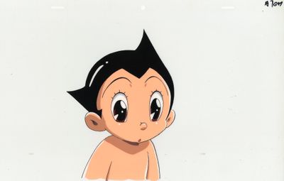 cellule d'animation représentant un jeune garçon aux cheveux noirs, assis sur une surface blanche