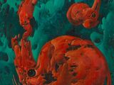 peinture représentant un crabe rouge sur fond vert, avec des bulles