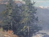 a painting of a man riding a horse by the water