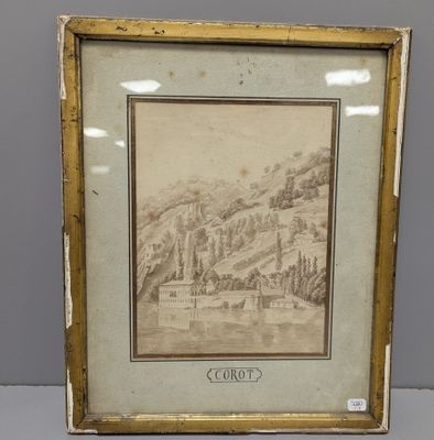 un vieux dessin représentant un château sur une colline, avec une rivière au premier plan