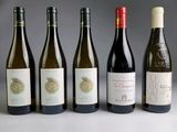 several bottles of wine are lined up on a table