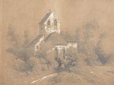 a drawing of a church in the middle of a field