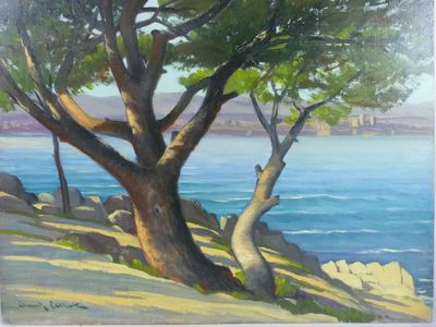 une peinture à l'huile représentant un arbre au bord de l'eau, avec un pont en arrière-plan