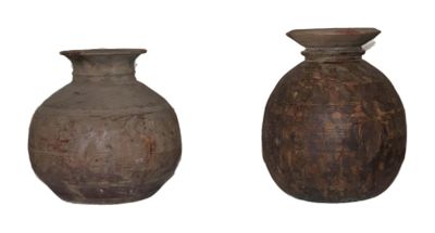 two brown vases sitting side by side on a white background