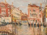 painting of a canal scene with gondolas and buildings in the background