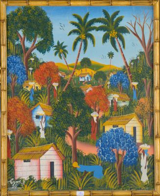 un tableau représentant un village tropical avec des palmiers et des maisons