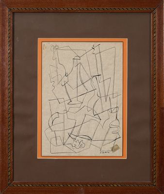 a framed drawing of a group of abstract shapes