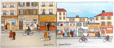 deux tableaux représentant des personnes marchant et faisant du vélo dans la rue