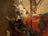an image of a painting of dogs playing in a room with other dogs