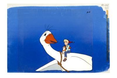 une image représentant un tableau où l'on voit une personne sur un cygne, accompagnée d'un oiseau
