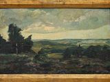 une peinture à l'huile représentant un paysage avec des arbres et des collines au loin