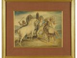 tableau représentant un groupe d'hommes à cheval dans un paysage désertique