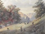 un tableau représentant un paysage de montagne avec des chevaux et des personnages