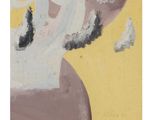 a painting of a woman with a hat on a yellow background