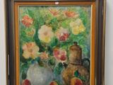 tableau représentant un vase de fleurs posé sur une table, à côté d'un autre vase de fleurs
