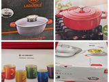 four different pictures of different colored pots and pans on a table