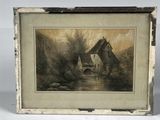 an old picture of a house on a river with a boat in the water