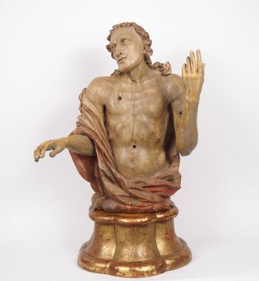 Buste de saint Sébastien en bois sculpté et polychromé. Tête…