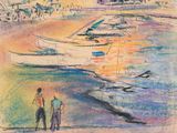 tableau représentant un couple marchant sur la plage, avec des bateaux dans l'eau