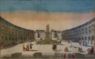 a painting of a courtyard with a fountain in the middle