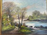 oil painting of a river scene with a man and a dog by a stream