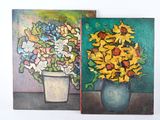un tableau représentant un vase de fleurs et un tableau représentant un vase de tournesols