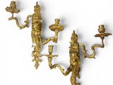 paire d'appliques murales anciennes en laiton avec oiseaux et fleurs