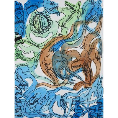 dessin représentant un cheval et un chien dans un paysage bleu et vert