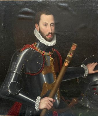 portrait d'un homme en armure tenant une épée et un bouclier