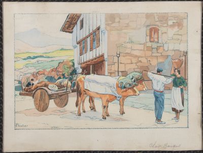 tableau représentant un homme et une vache tirant une charrette sur laquelle se trouve un homme