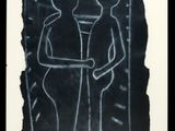 black and white drawing of two people standing in front of a mirror