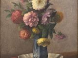 a painting of flowers in a blue vase on a table