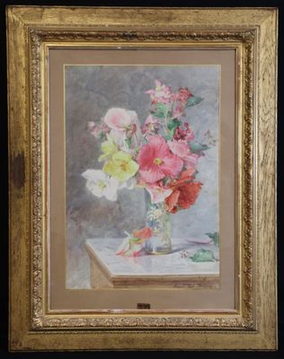 painting of a vase of flowers on a table with a humming