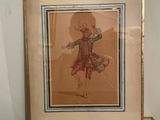 two framed drawings of a man and a woman are on display