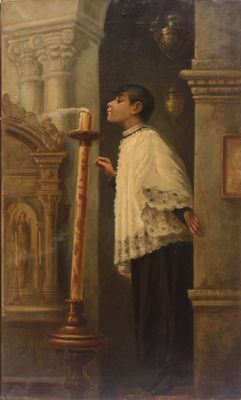 painting of a man in a white robe standing next to a tall pole