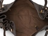 a close up of a brown purse with braid handles on a white background